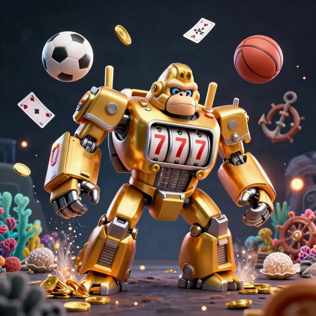 Golden gorilla mech with monkey pilot, flying balls, coins and treasure in a navy casino glow.