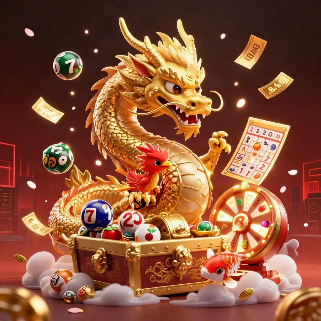 Golden dragon, phoenix, and koi explode with casino treasure, prize wheels, tickets, and glowing lights.