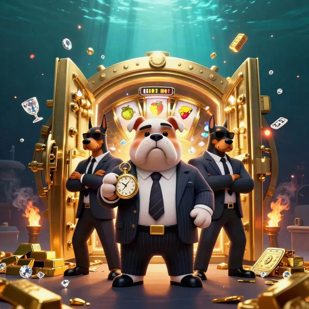 Mafia bulldog and Dobermans burst from a glowing treasure vault amid gold, gems and casino sparks.