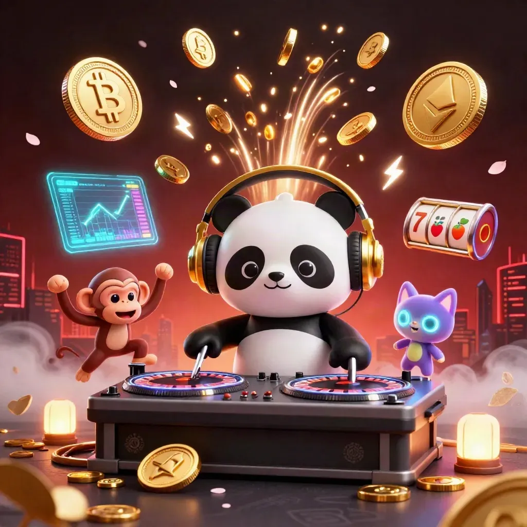Panda DJ, monkey and kitten burst from a vault amid coins, fireworks and neon casino glow.