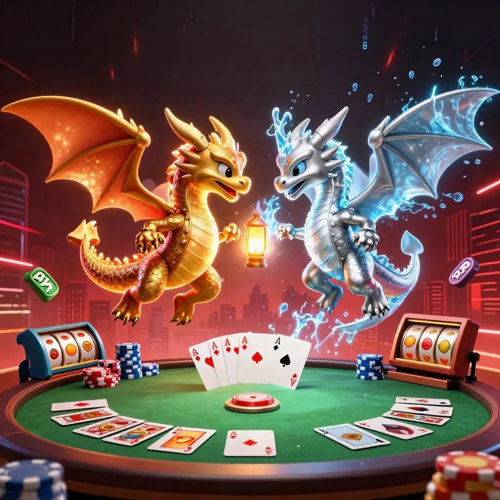 Gold and silver dragons whirl around casino icons in a neon dark premium splash scene