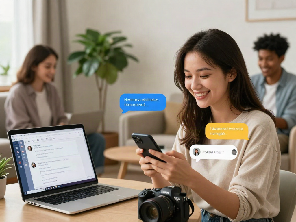 Interactive scene showcasing a woman using sex chat ai on her smartphone, promoting engaging digital conversation.